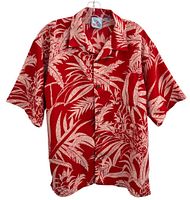 Front view of red and white Hawaiian shirt on hanger