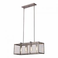 Stock image showing assembled brushed nickel rectangular 4-light chandelier