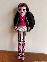 Full-body front view of doll in complete outfit and boots