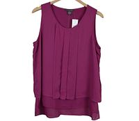 Front view of pink pleated layered Suzy Shier tank top on hanger showing full garment