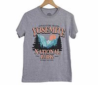 Front view of gray heather Yosemite National Park graphic T-shirt on hanger