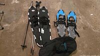 All items laid out: adult snowshoes, child snowshoes, two adjustable poles, single pole, carrying bag