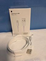 Front view of Apple Lightning to USB Cable box and coiled cable