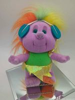 Full view of plush troll doll standing on mirrored base