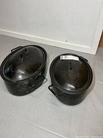 Both oval roasting pans with lids, top view
