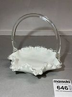Top view of white milk glass basket showing ruffled rim and clear handle