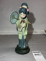 Front view of Lladro geisha figurine with parasol showing full height and base