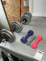 Two adjustable dumbbells with cast iron plates and three small hex dumbbells on tabletop