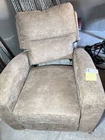 Front view of beige taupe microfiber recliner with detached backrest