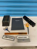 Group shot showing all office items on table