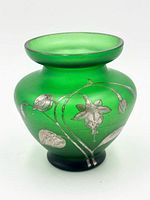 Front view of emerald satin glass vase showing sterling silver floral overlay