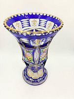 Full view of cobalt cut-to-clear vase showing enamelling and gilding