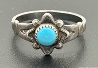 Front view of ring showing turquoise stone and floral bezel
