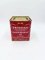 Front view of red Twinings English Breakfast Tea tin showing label details