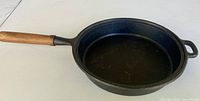 Top view of skillet showing interior and wooden handle