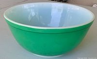 Side view of bowl showing green exterior and overall condition