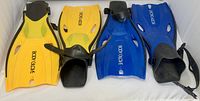 Front view of both yellow and blue Body Glove fins