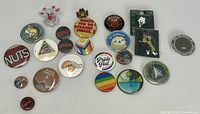 Group shot of entire lot showing all pin-back buttons, two carded lapel pins and Rudolph figurine