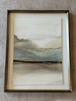 Full view of framed abstract watercolour painting showing frame, mat and artwork