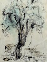 Close-up of artwork surface detailing olive tree illustration