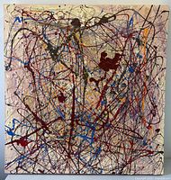 Full frontal view of the abstract drip painting