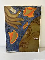 Front view of entire painting showing Buddha face, hand and leaves