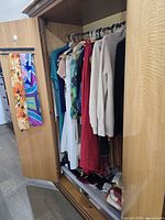 Wardrobe interior showing hanging clothes and wood finish