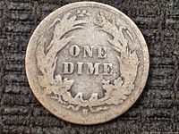 Reverse of 1893-S Barber dime showing ONE DIME, wreath, S mint mark