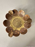 Top view showing Aztec calendar center and twelve coin rim