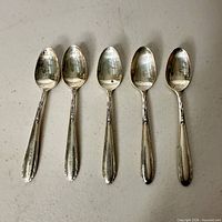 Front view of all five teaspoons aligned to show pattern and overall condition