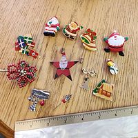 All ten brooches and pins laid out with ruler for scale