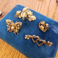 Front view of all four brooches on blue fabric