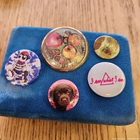 Overview of all five pinback buttons on blue pad