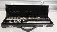 Flute disassembled into three pieces inside black hard case