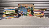 Wide view of all stacked children’s books on table