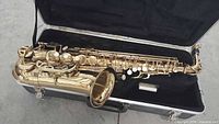 York alto saxophone inside open hard case, showing body and keywork