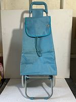 Front view of blue collapsible shopping cart
