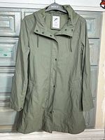 Front view of sage green Gap hooded jacket showing full length and pockets