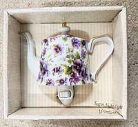 Boxed violet chintz teapot nightlight front view