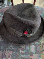 Side view of fedora showing ribbon and feather
