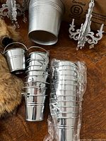 Stacked silver mini bucket ornaments, loose buckets, glitter scroll ornaments