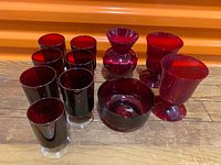 Group shot of all ruby red glass pieces