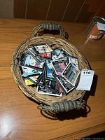 Basket filled with loose hockey cards, auction tag visible