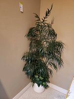 Full view of the artificial palm tree in corner showing overall height and form