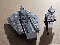 Shuttle micro model beside clone trooper minifigure