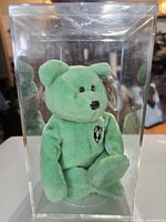 Front view of green Kicks Beanie Baby inside clear case, showing chest soccer emblem and swing tag