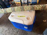 Coleman blue/white cooler with rolled striped hammock on top