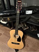 Full view of Nova dreadnought guitar leaning against gig bag