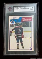 Front view of graded 1983-84 O-Pee-Chee Dale Hawerchuk card in KSA slab