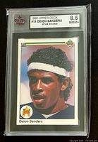 Front of graded Deion Sanders rookie card showing grade label